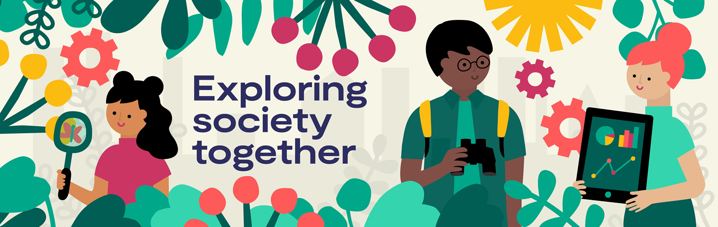 Festival of Social Sciences 2021 A graphic illustration show three people of diverse ethnicities exploring a natural environment and looking at data together