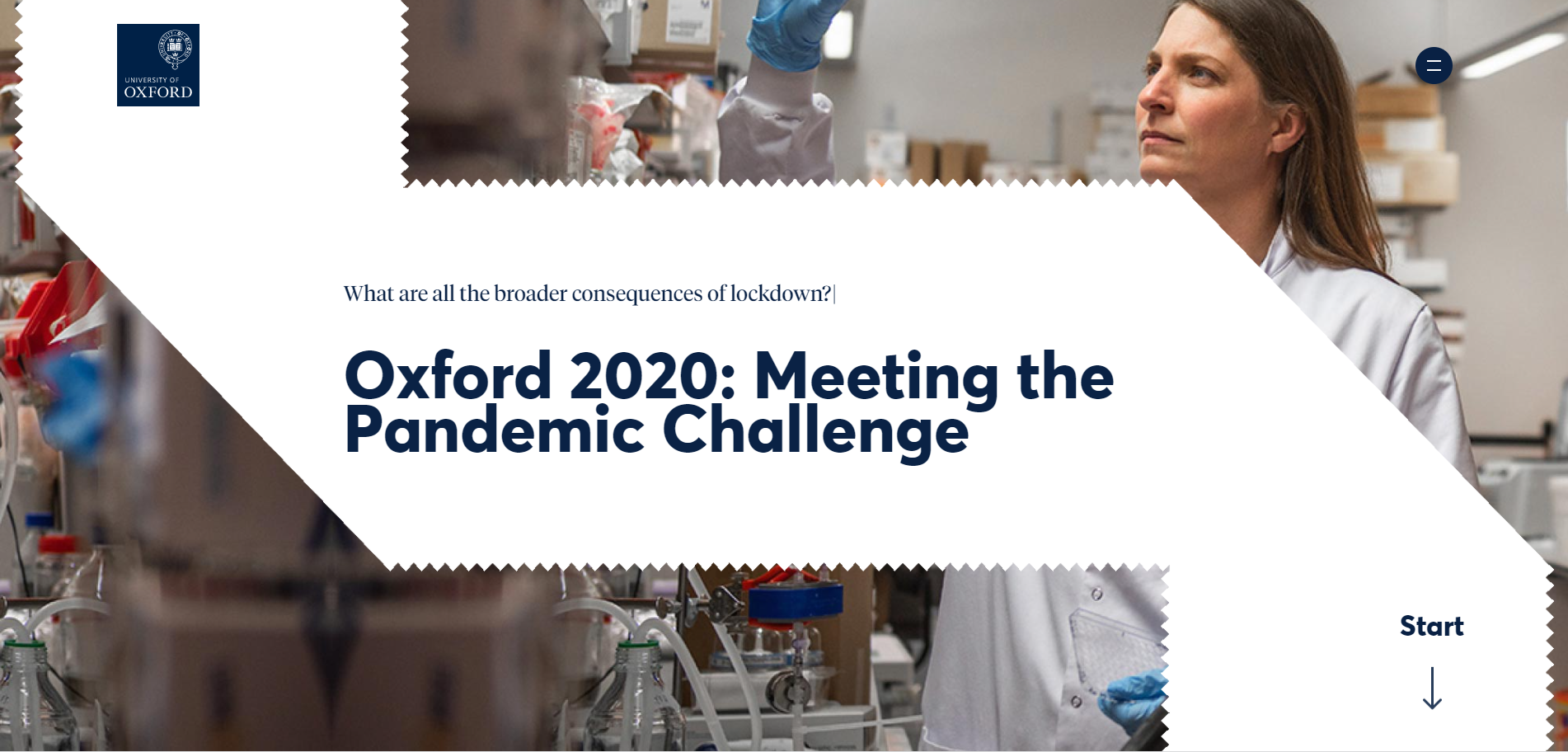 A photograph of a biomedical scientist in a white lab coat and inspecting a vial is superimposed by a white banner with blue text that reads "Oxford 2020: Meeting the Pandemic Challenge"