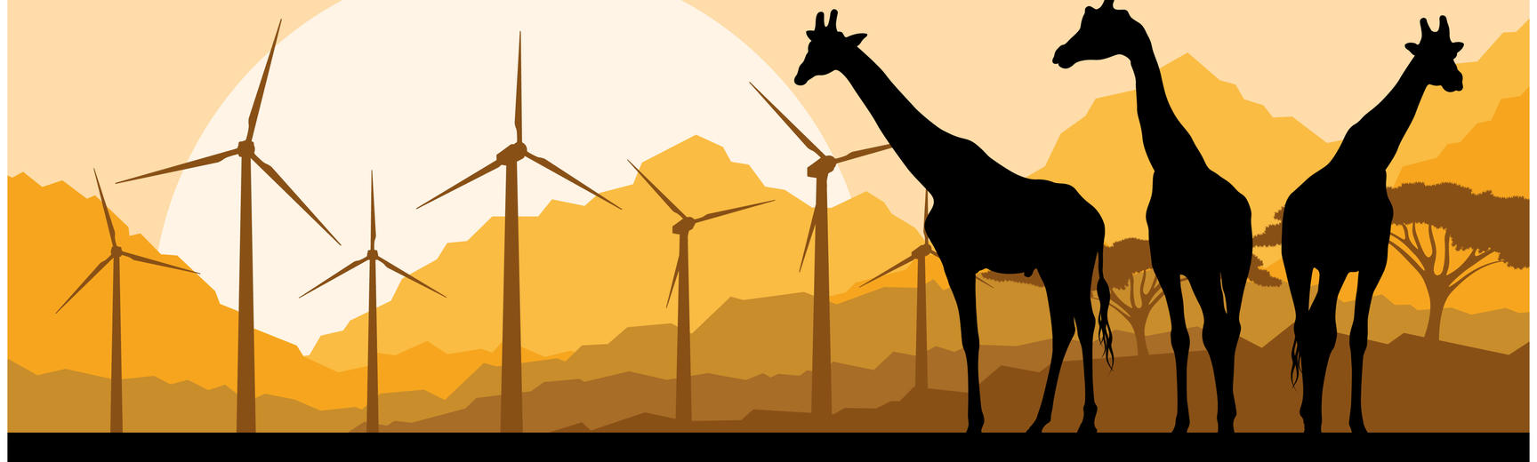 A graphic illustration showing silhouettes of three giraffes against an African landscape of acacia trees, mountains, a bright yellow sun, and a group of wind turbines