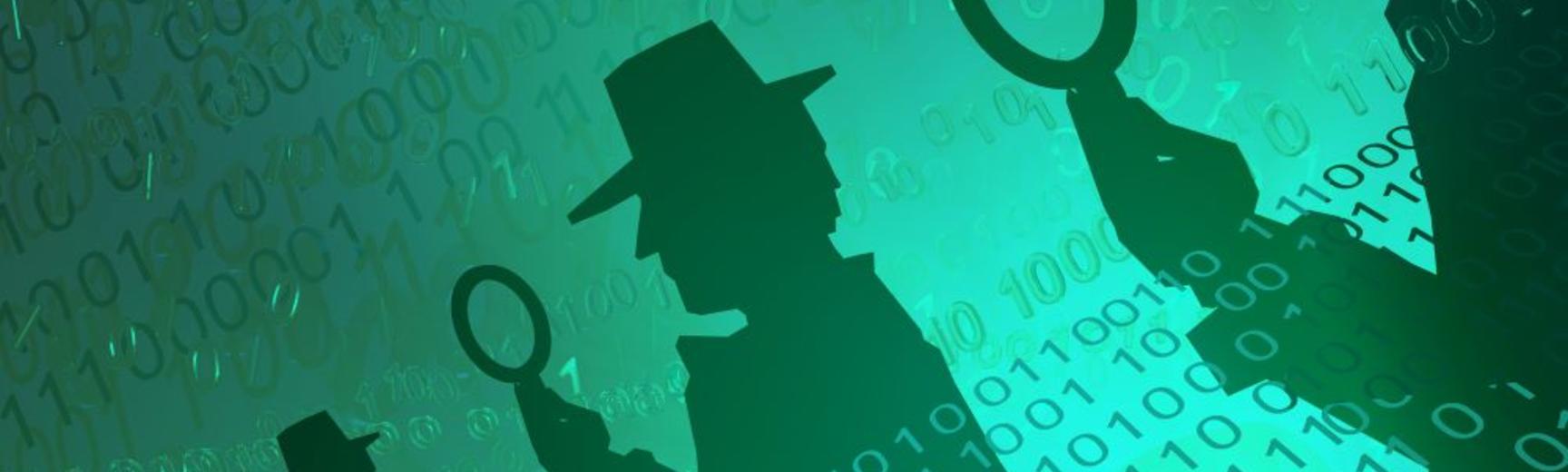 Shadow of a detective in a trenchcoat and hat holding a magifying glass, against a background of binary code.