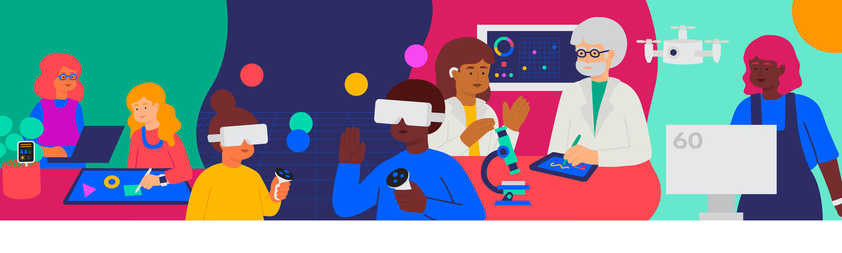 Illustration of diverse people using technology, including VR, robotics, coding, and science, under the heading “Exploring society together.”