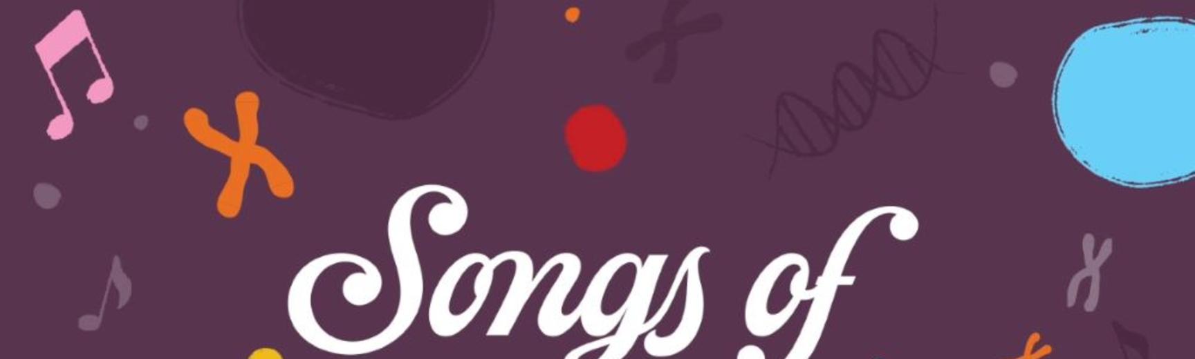the words 'songs of genomics bringing medicine to life through music' on a dark purple background with musical notes and DNA spirals
