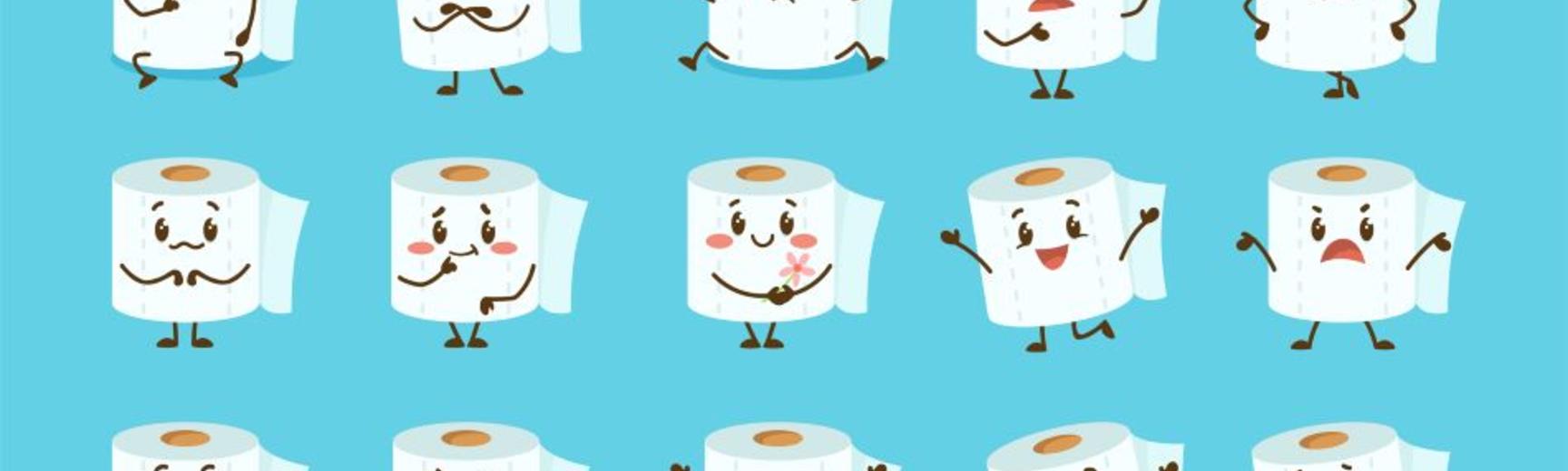 Fifteen cartoon toilet rolls with different facial expressions 