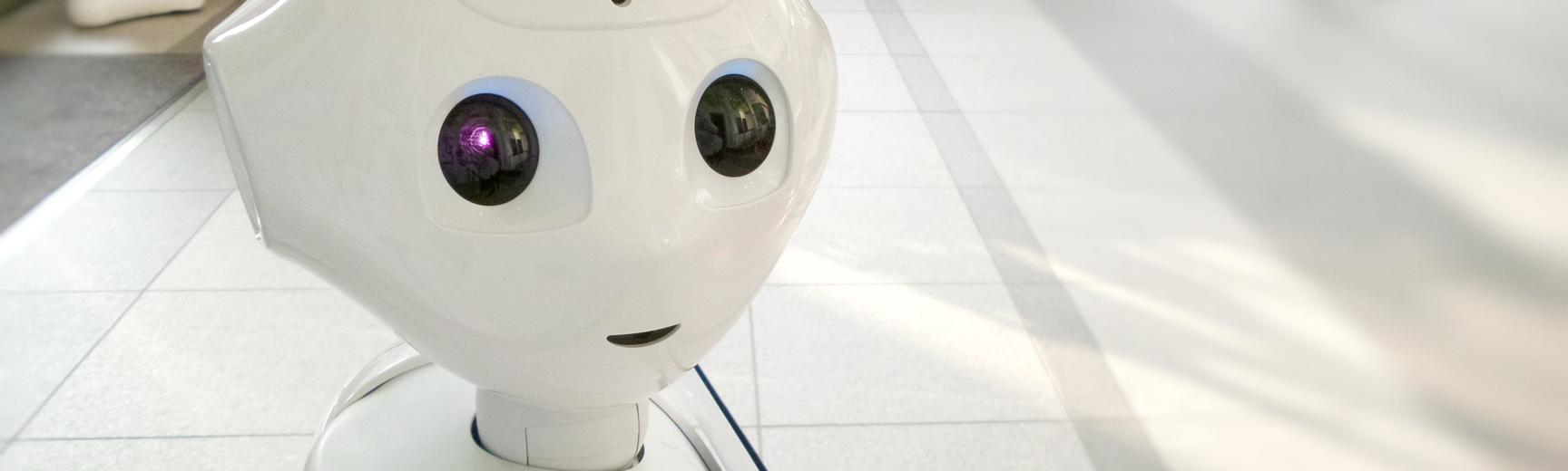 A white plastic robot with a friendly face looks to camera