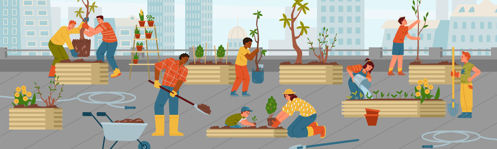 Cartoon of a community of people planting and tending raised beds in an urban environment