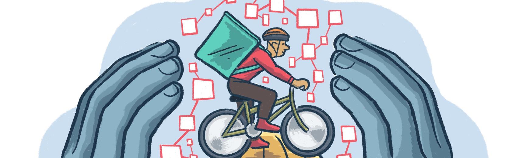Illustration of a delivery man on a bicycle carrying a delivery bag on his back. He is cycling around a globe, surrounded by lots of interconnected squares. Two large hands surround the entire image in a protective manner.