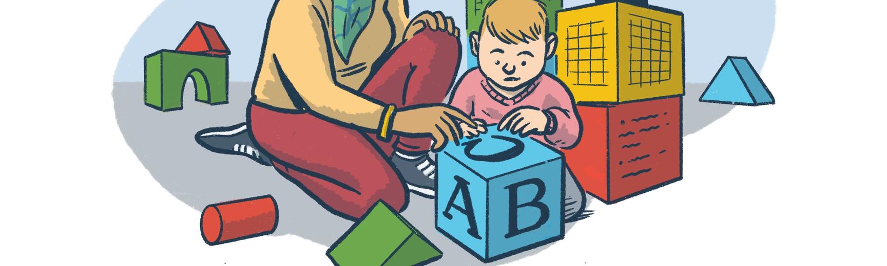 Illustration of a very young child playing with colourful building blocks. 