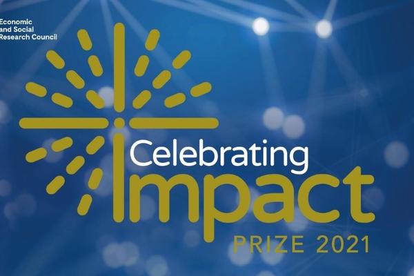 The words Celebrating Impact Prize 2021 are written in gold across a dark blue background, with the UKRI ESRC logo in the top left corner