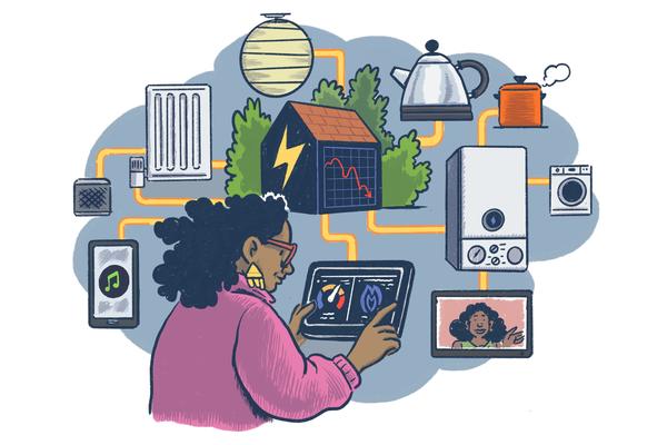 Illustration of a woman using a smart meter, which is connected to a map of energy use across her home, including radiator, boiler, washing machine, kettle, and a smart device playing music