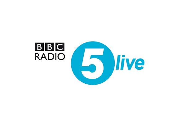 BBC Radio 5 Live logo on a white background. The 5 is in white superimposed on a blue circle.