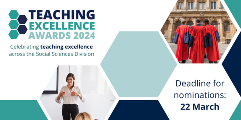 Teaching Excellence Awards 2024 graphic, featuring a pattern of blue hexagons and an image of a lecturer leading a seminar. 