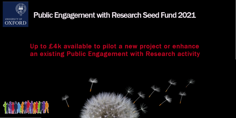 Image of a dandelion head on a black background with seeds blowing away, with text - Public Engagement with Research Seed Fund 2021 – Up to £4k available to pilot a new project of enhance an existing Public Engagement with Research activity