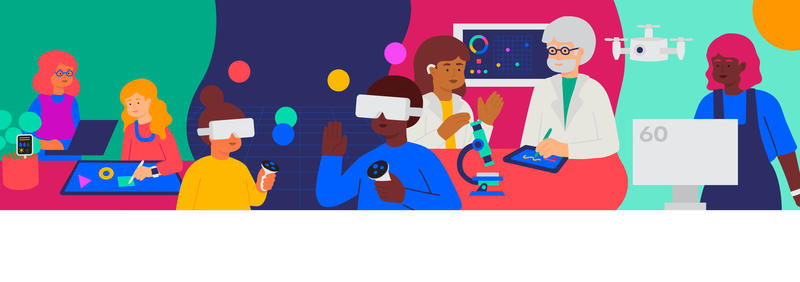 Illustration of diverse people using technology, including VR, robotics, coding, and science, under the heading “Exploring society together.”