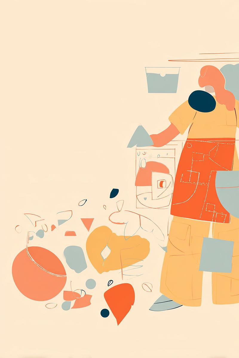 Abstract illustration of a person in warm colors surrounded by floating geometric shapes.