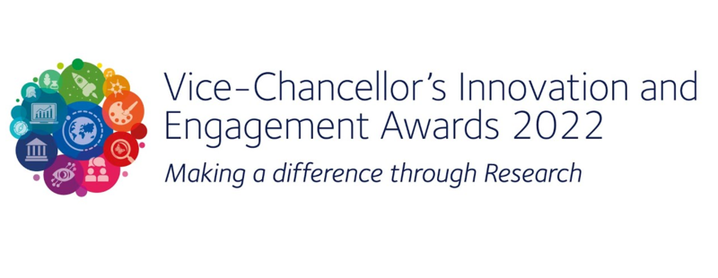 Vice-Chancellor's Innovation and Engagement Awards 2022 Vice-Chancellor's Innovation and Engagement Awards 2022 - Making a difference through research. Logo showing space rocket, artist's palette, globe, people in conversation, an eye, ancient building, compass, Roman helmet, and chemical bottle.