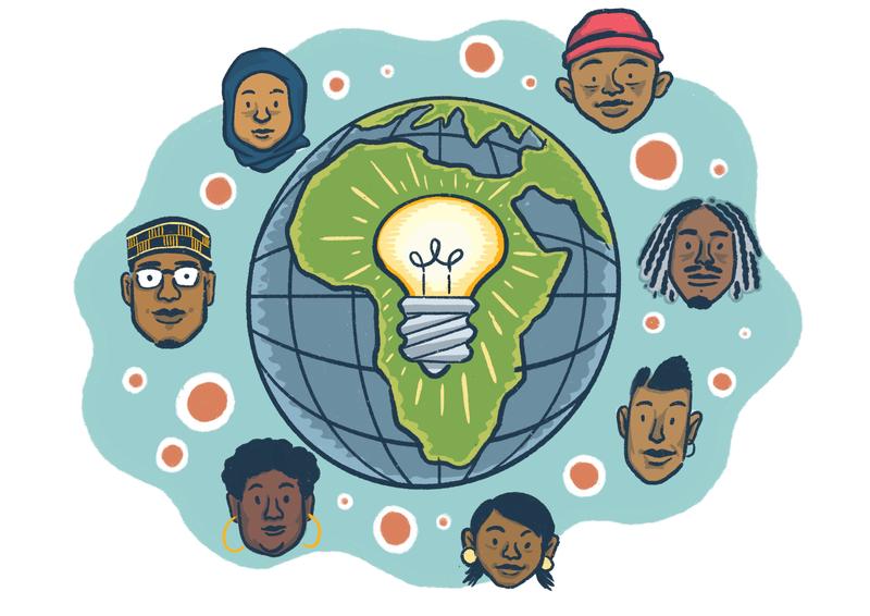 A shining light bulb is superimposed on a globe showing the African continent, surrounded by a seven faces of diverse ages, genders, and ethnicities