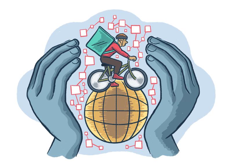 Illustration of a delivery man on a bicycle carrying a delivery bag on his back. He is cycling around a globe, surrounded by lots of interconnected squares. Two large hands surround the entire image in a protective manner.