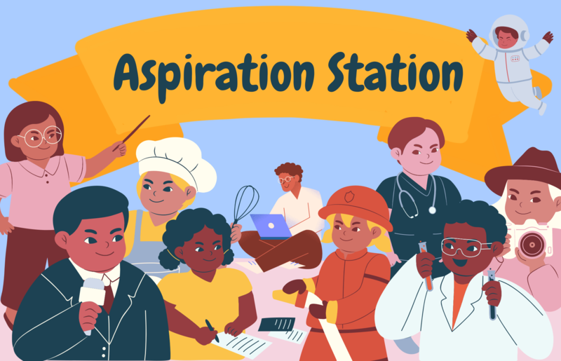 Illustration titled “Aspiration Station” showing children dressed as different professionals, including a teacher, chef, journalist, writer, firefighter, doctor, scientist, astronaut, photographer, and coder