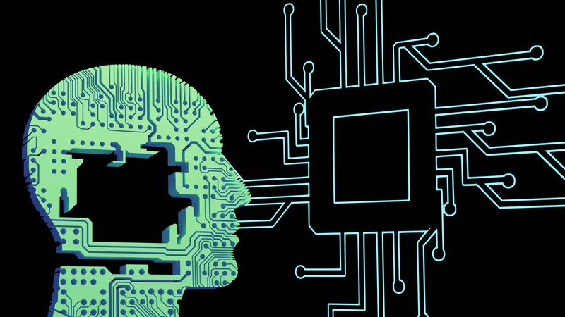 Illustration of a human head silhouette made of circuit patterns facing a microchip, symbolising artificial intelligence and human-computer interaction