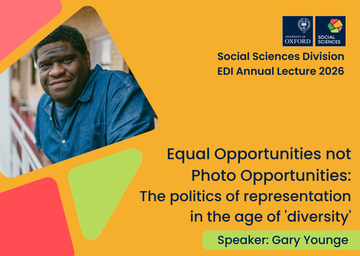 Gary Younge is wearing a short sleeved blue shirt, and leaning forward onto a railing outside a building. Text with the lecture title says: 'Equal opportunities not photo opportunities. The politics of representation in the age of 'diversity'.