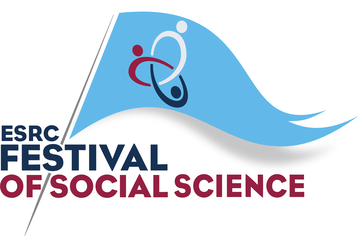 A blue flagged showing three interconnected people in red, white and blue, with the title Festival of Social Science