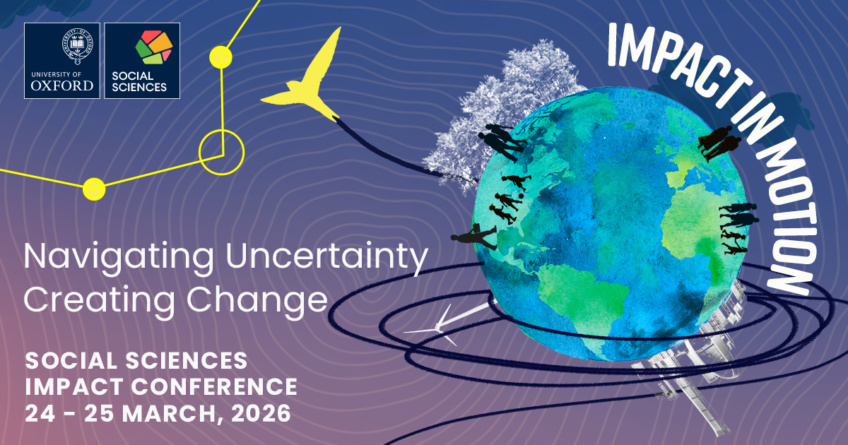 Impact in motion poster showing a graphic of the world on a purple, gradient background and yellow graphic linework.