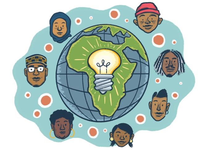 A shining light bulb is superimposed on a globe showing the African continent, surrounded by a seven faces of diverse ages, genders, and ethnicities