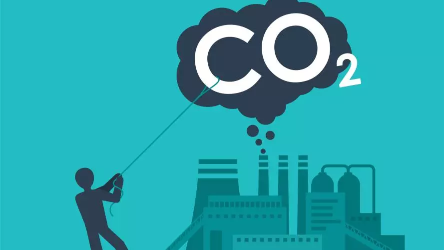 A cartoon person lassoes a big cloud labelled CO2 floating above a factor that's pumping out emissions