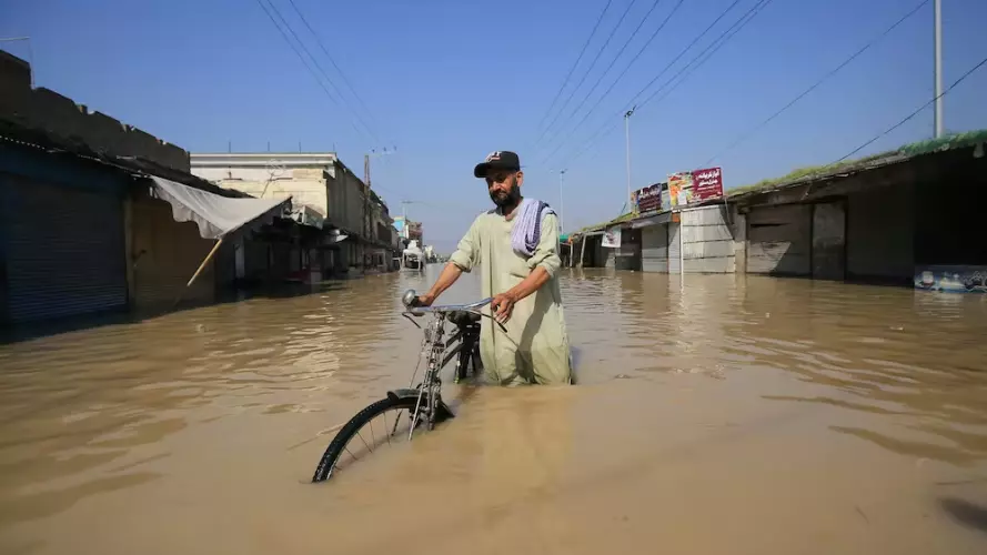 A man, thigh-deep in brown flood water, pushes his submerged bike down a street in Pakistan. Image copyright Bilawal Arbab / EPA