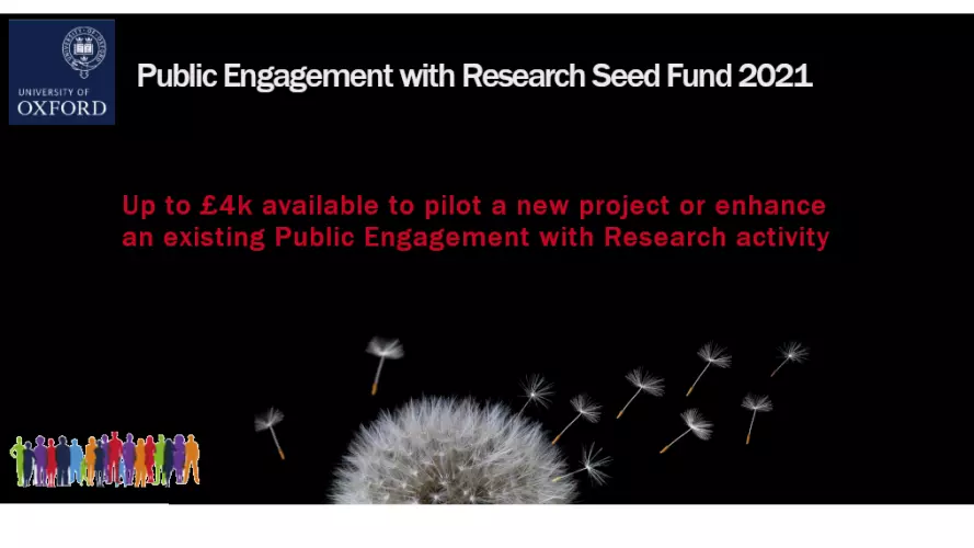 Image of a dandelion head on a black background with seeds blowing away, with text - Public Engagement with Research Seed Fund 2021 - Up to £4k available to pilot a new project of enhance an existing Public Engagement with Research activity