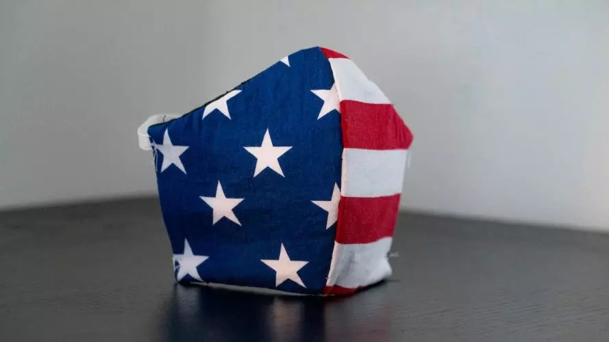 A facemask made from the American flag, showing the stars and stripes