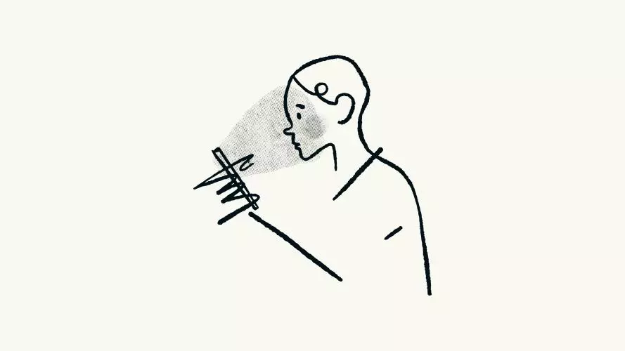 A simple cartoon illustration of a person reading from a handheld device, the glare from the screen projected onto their face