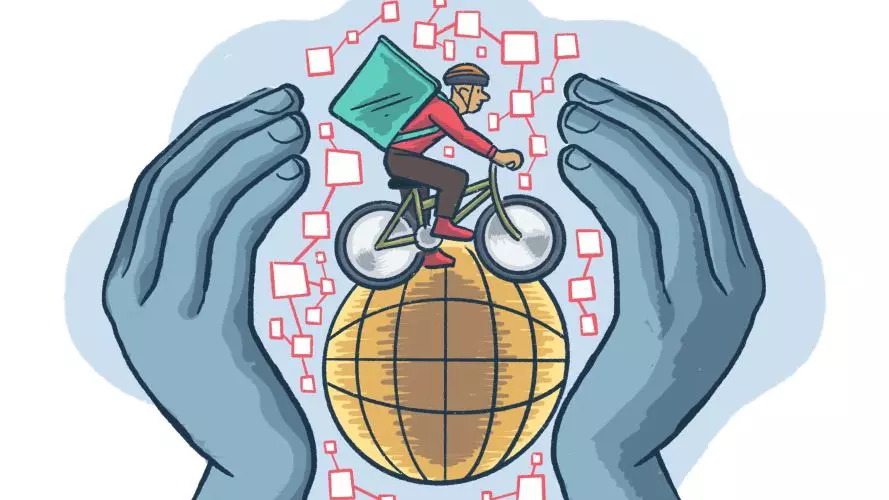 Illustration of a delivery man on a bicycle carrying a delivery bag on his back. He is cycling around a globe, surrounded by lots of interconnected squares. Two large hands surround the entire image in a protective manner.