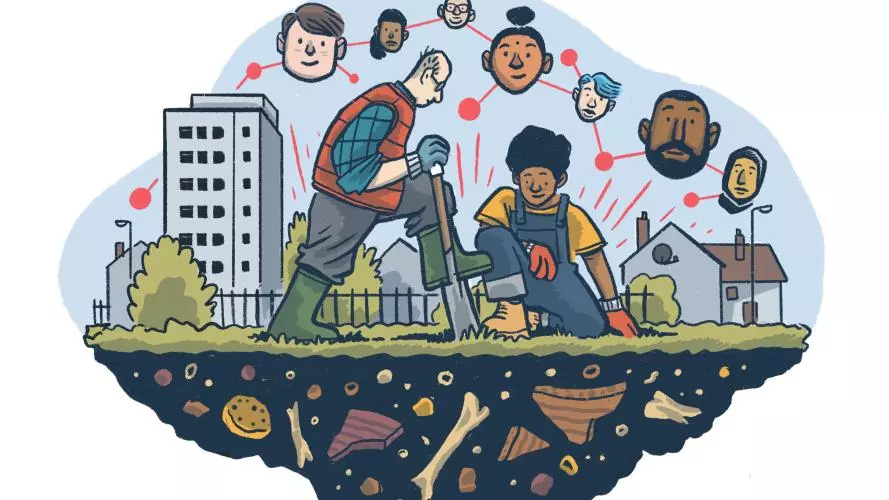 A man digs into the earth with a spade as a younger person kneels at the site of the dig, watching. Beneath the earth are bones and fragments of historical objects. A network of faces representing diverse ages, genders & ethnicities smiles down on the dig
