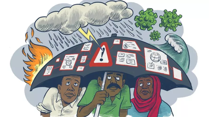 Three people take shelter from thunder, lightning, rain, waves, fire, and viruses under an umbrella covered in warning symbols and a network of plans  