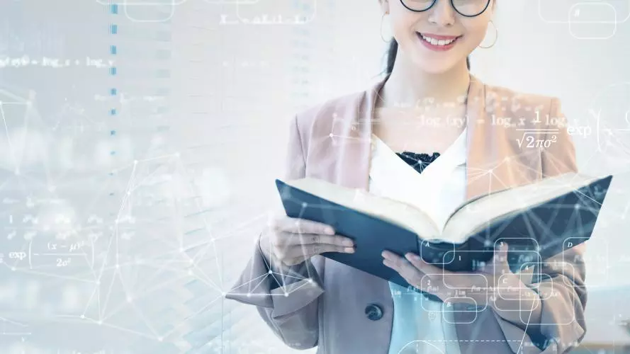 A young Asian woman smiles while reading a book, superimposed by numbers, calculations and graphs