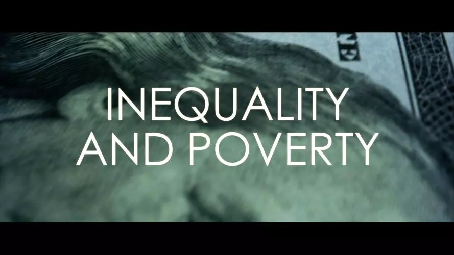 Close-up image of U.S. dollar bill texture with bold white text in the center reading "INEQUALITY AND POVERTY."