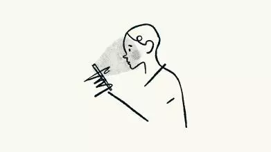 A simple cartoon illustration of a person reading from a handheld device, the glare from the screen projected onto their face