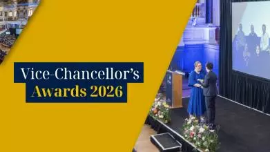 Vice-Chancellor's Awards 2026 banner. A prizewinner in a bright blue dress receives an award from the Vice-Chancellor on a raised stage.