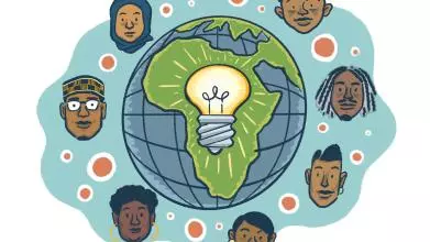 A shining light bulb is superimposed on a globe showing the African continent, surrounded by a seven faces of diverse ages, genders, and ethnicities
