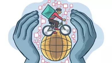 Illustration of a delivery man on a bicycle carrying a delivery bag on his back. He is cycling around a globe, surrounded by lots of interconnected squares. Two large hands surround the entire image in a protective manner.