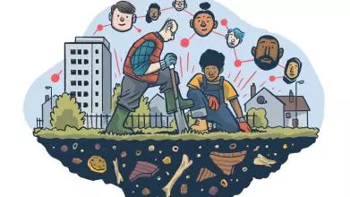 A man digs into the earth with a spade as a younger person kneels at the site of the dig, watching. Beneath the earth are bones and fragments of historical objects. A network of faces representing diverse ages, genders & ethnicities smiles down on the dig