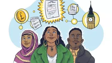 Three people of diverse ethnicities, genders, and ages, look up at illustrations representing finances, jobs applications, policy, and Westminster