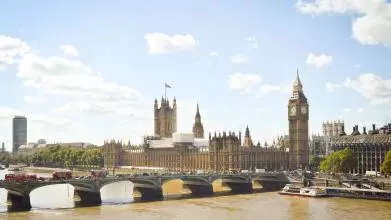 View across Westminster Bridge towards the Houses of Parliament and Big Ben in London, in sunshine