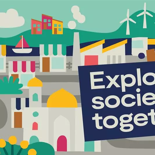 Children's cartoon representation of a society, showing transport systems, renewable energies, buildings, and young people with binoculars. Sign reads 'Exploring society together'
