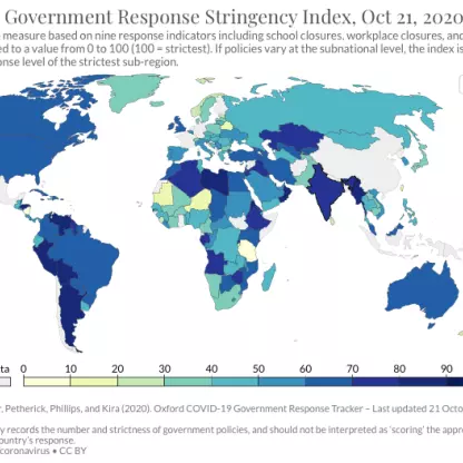 Screenshot from the Oxford COVID-19 Government Response Stringency Index, showing a map of the world coloured in differing shades of blue, green, yellow and white according to COVID19 restriction stringency