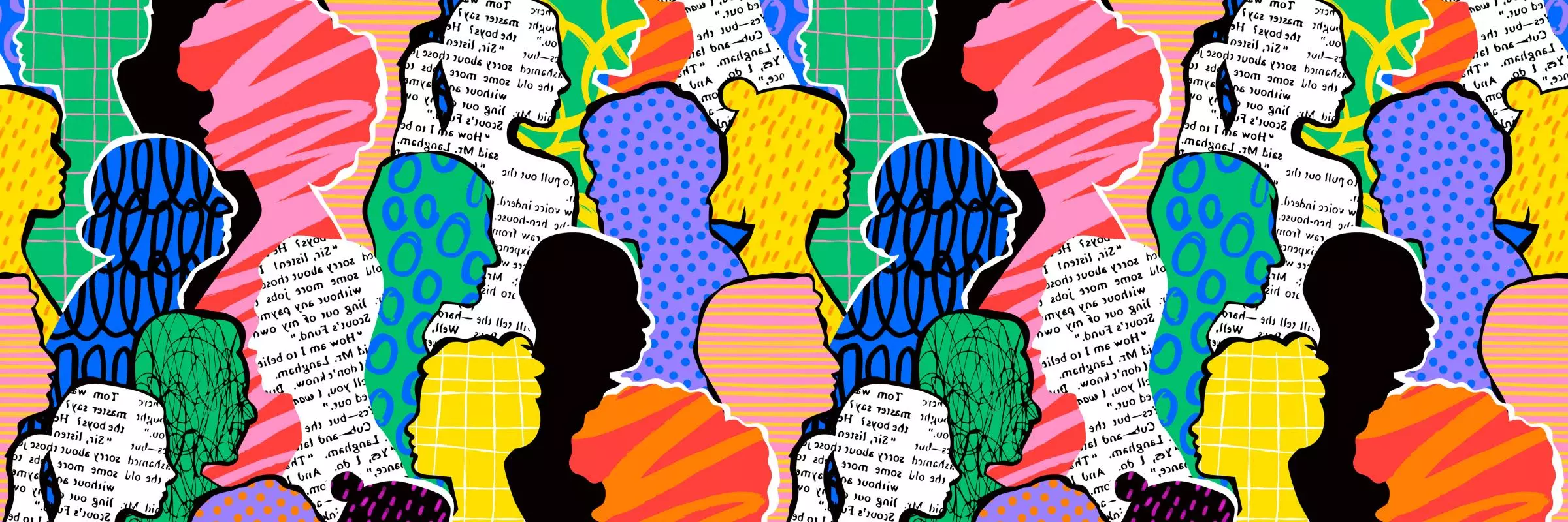 Collage of multi-coloured heads in profile