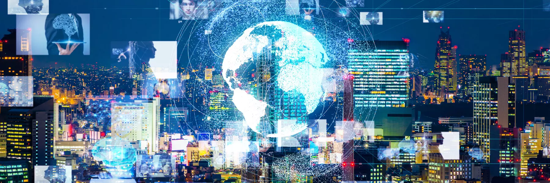 Multiple images relating to AI superimposed on a cityscape
