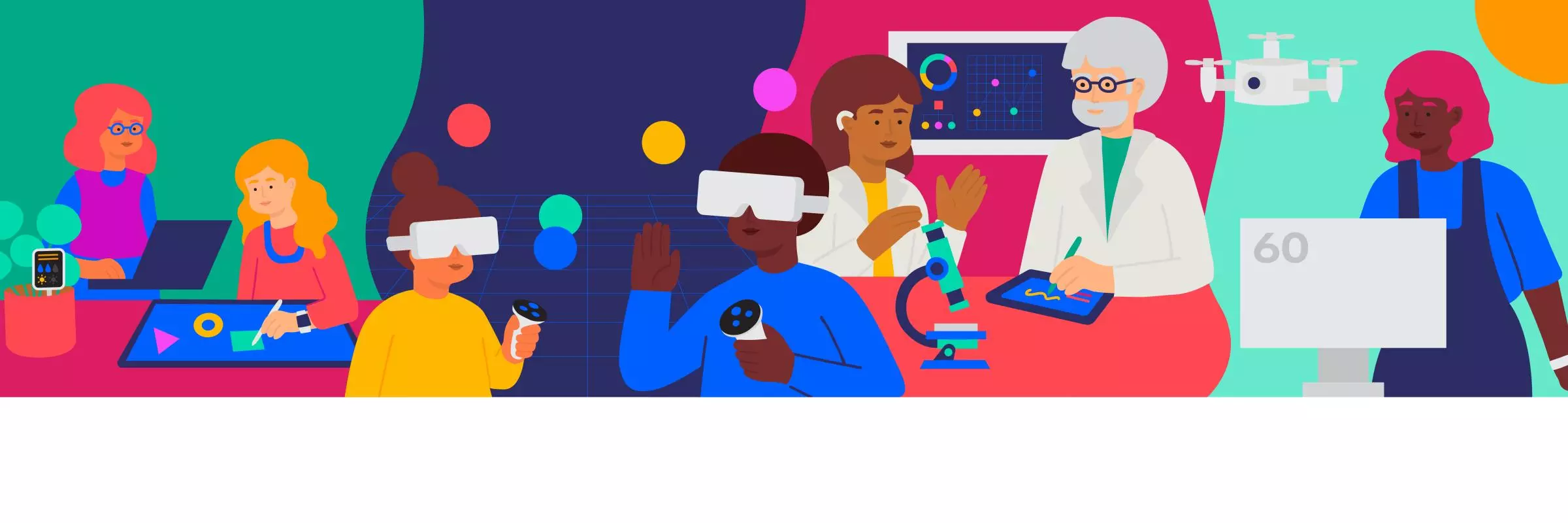 Illustration of diverse people using technology, including VR, robotics, coding, and science, under the heading "Exploring society together."