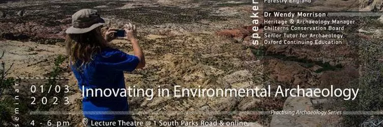 A person in a blue tshirt and wearing a sun hat and short photographs a hot, arid landscape. Text: 01/03/2023: Innovating in Environmental Archaeology